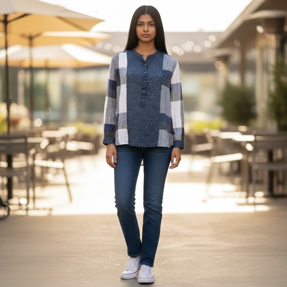 Lucky Brand Women's Top Crinkle Long Sleeve Blue Plaid Boho Gypsy Casual Size 2X